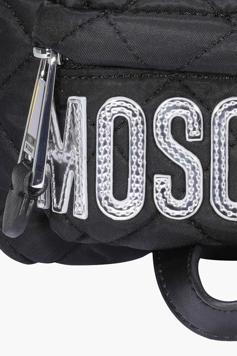 MOSCHINO Bebeboo Logo Backpack in Black Quilted with Silver Logo 4