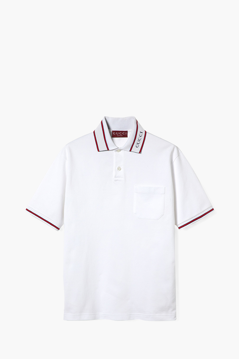 GUCCI Men Stretch Cotton Piquet Polo Shirt in White with Web Stripe 0