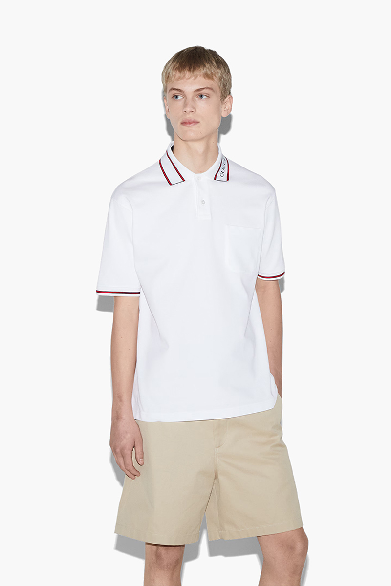 GUCCI Men Stretch Cotton Piquet Polo Shirt in White with Web Stripe 1