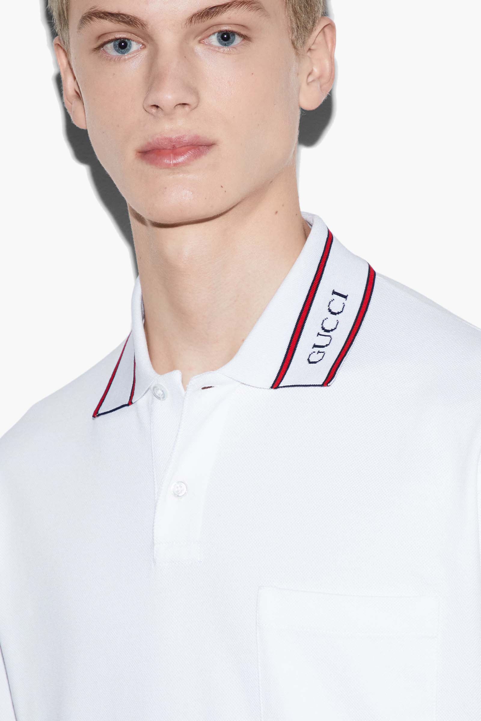 GUCCI Men Stretch Cotton Piquet Polo Shirt in White with Web Stripe 3