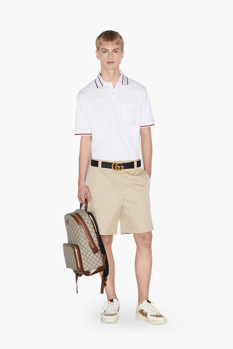 GUCCI Men Stretch Cotton Piquet Polo Shirt in White with Web Stripe 4