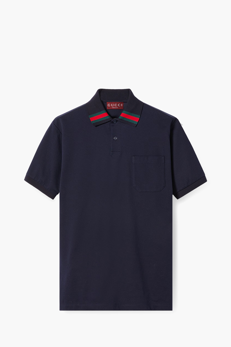 GUCCI Men Web on Collar Polo Shirt in Navy Cotton 0