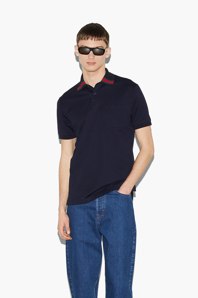 GUCCI Men Web on Collar Polo Shirt in Navy Cotton 1