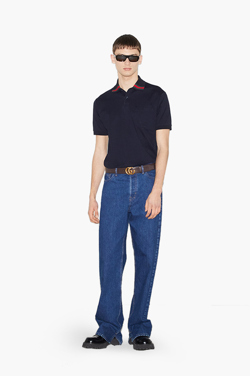 GUCCI Men Web on Collar Polo Shirt in Navy Cotton 4