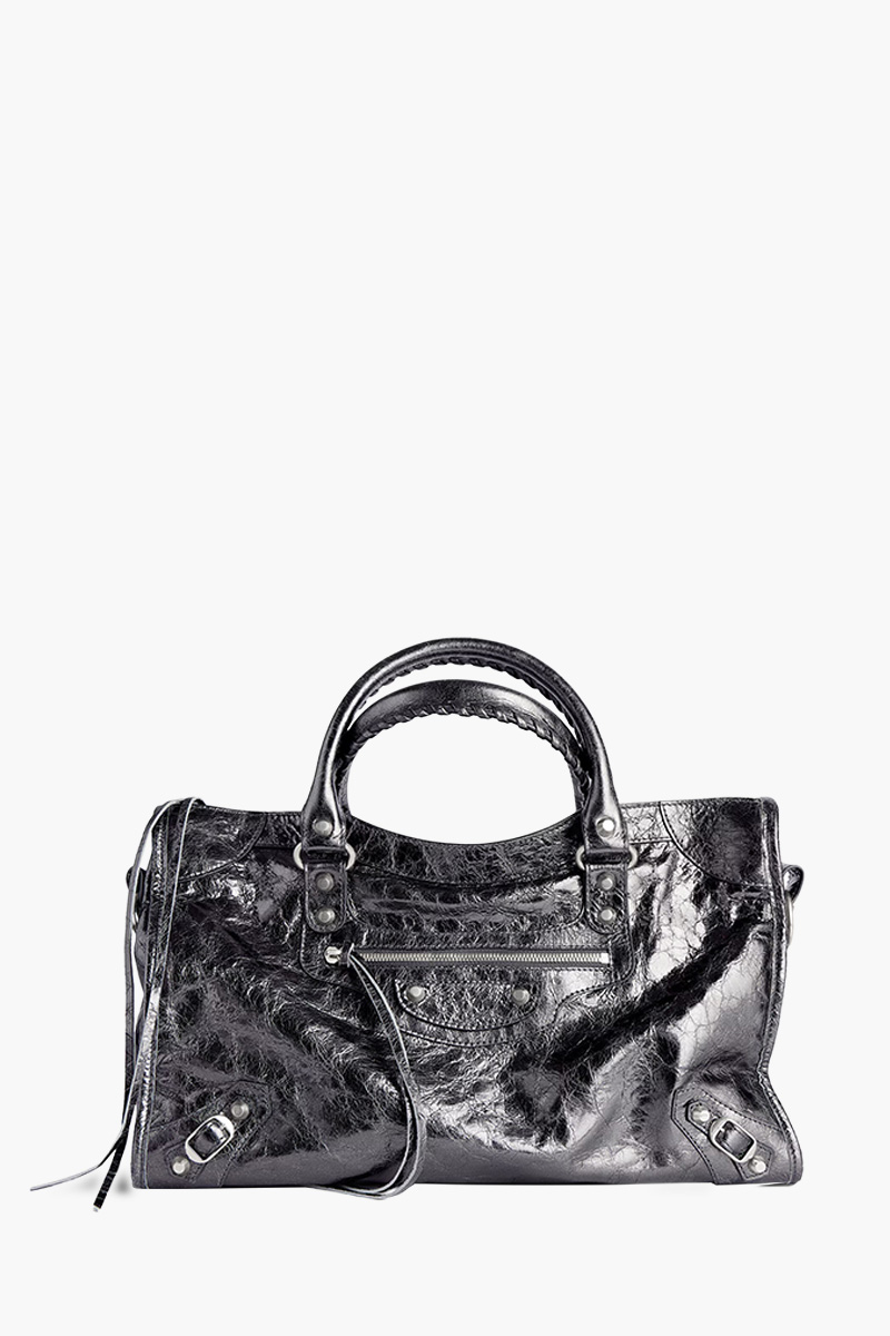 BALENCIAGA Medium Le City Bag in Steel Grey Metallized Arena Lambskin Shiny SHW 0