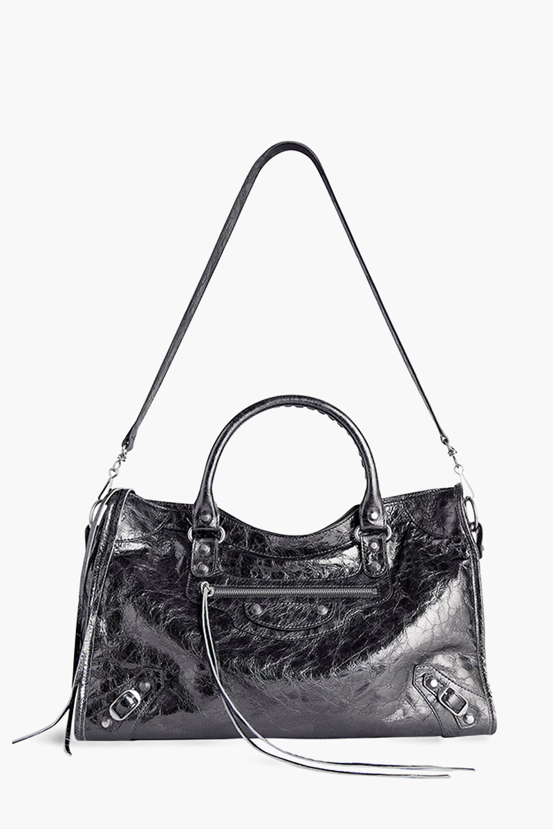 BALENCIAGA Medium Le City Bag in Steel Grey Metallized Arena Lambskin Shiny SHW 4