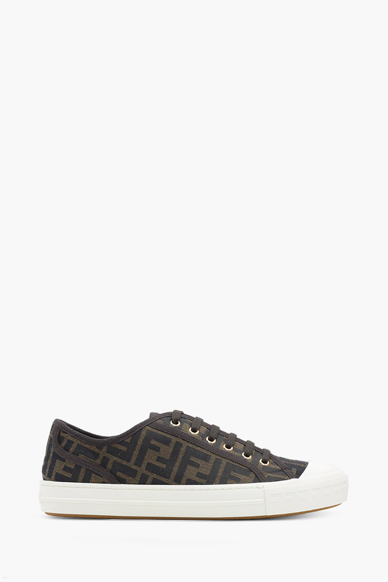 FENDI Men Domino FF Motif Low Top Sneakers in Brown/Tobacco/White Fabric 0