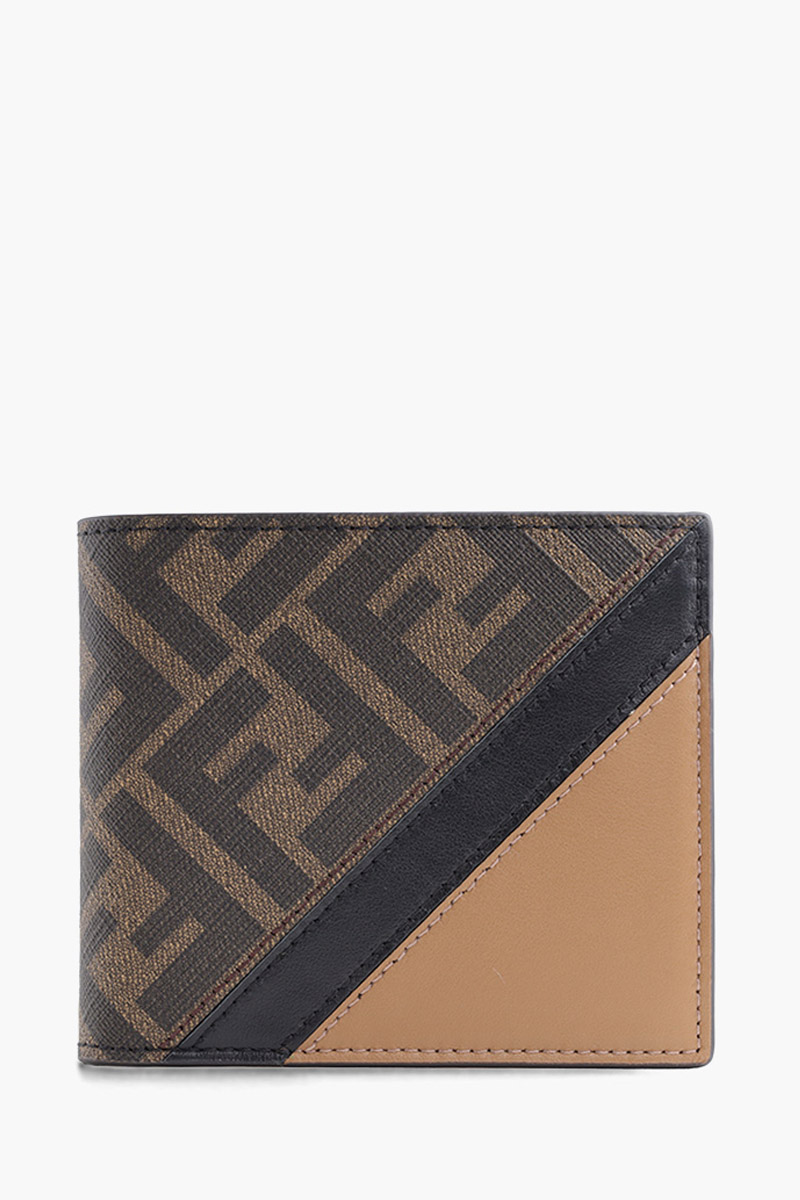 FENDI FF All Over Logo Bi-Fold Wallet in Brown/Beige Leather 0