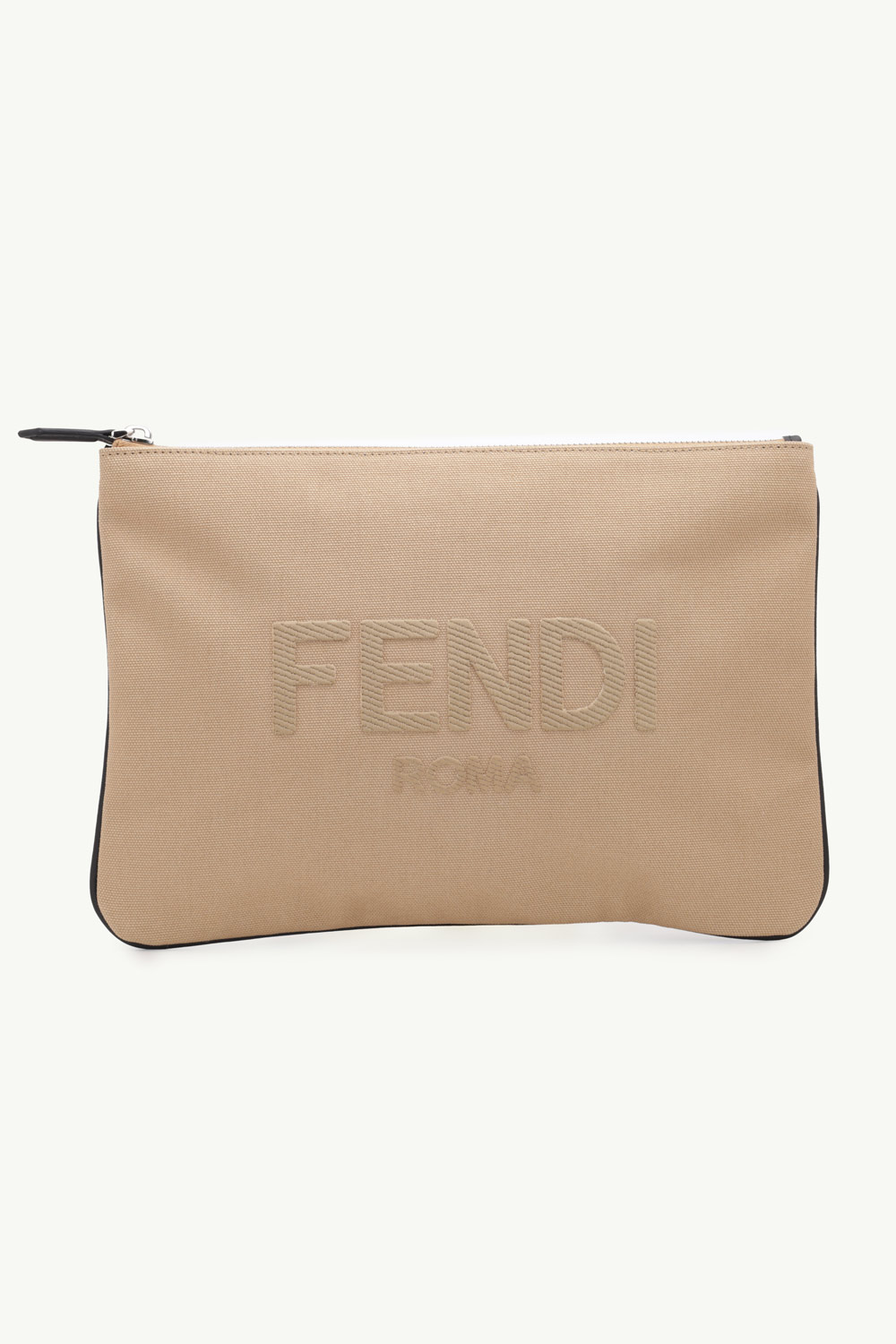 FENDI Medium Zipped Pouch in Beige Canvas with Embroidered FENDI ROMA Logo 0