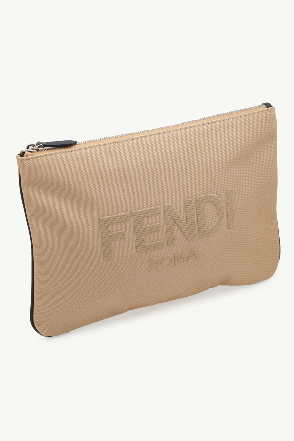 FENDI Medium Zipped Pouch in Beige Canvas with Embroidered FENDI ROMA Logo 2
