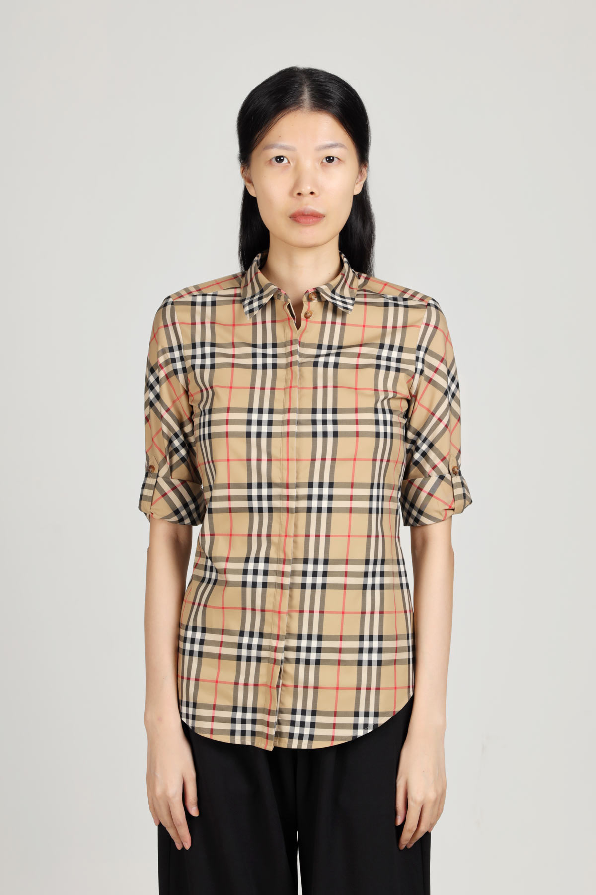 BURBERRY Women Vintage Check Stretch Cotton Twill Shirt in Archive Beige 1