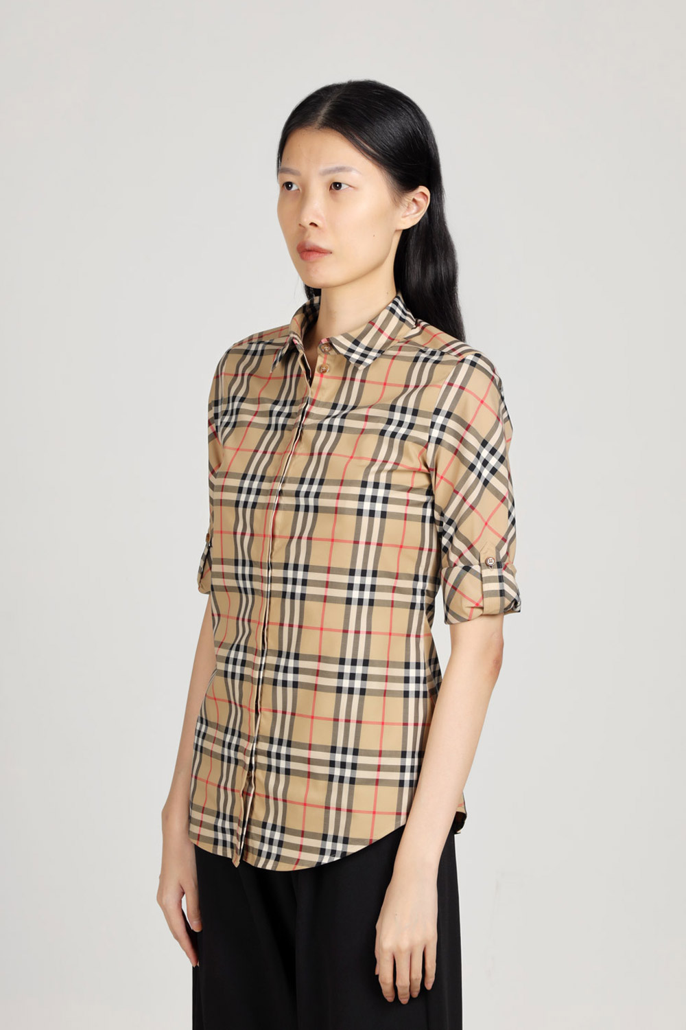 BURBERRY Women Vintage Check Stretch Cotton Twill Shirt in Archive Beige 3