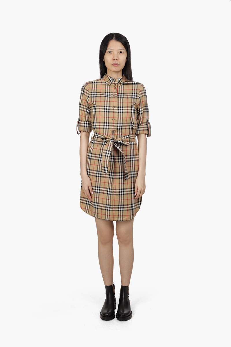 BURBERRY Women Vintage Check Stretch Cotton Tie-Waist Shirt Dress in Archive Beige 0