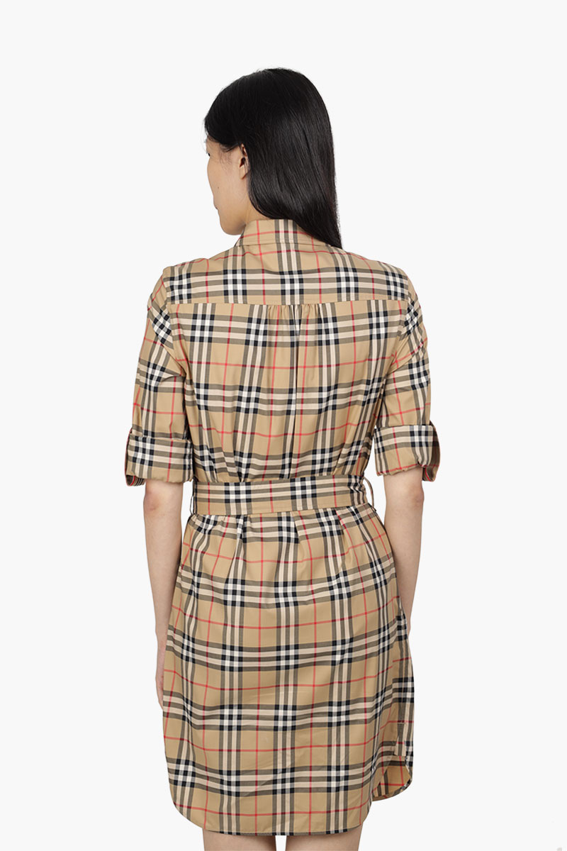 BURBERRY Women Vintage Check Stretch Cotton Tie-Waist Shirt Dress in Archive Beige 1