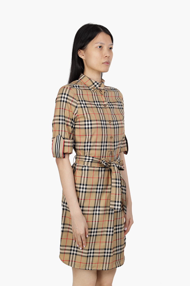 BURBERRY Women Vintage Check Stretch Cotton Tie-Waist Shirt Dress in Archive Beige 2