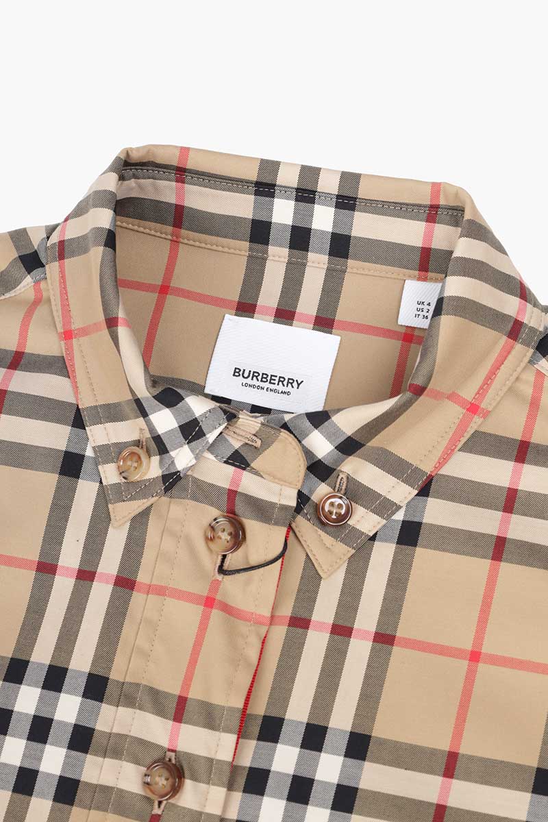 BURBERRY Women Vintage Check Stretch Cotton Tie-Waist Shirt Dress in Archive Beige 3