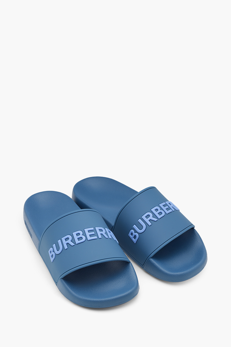 BURBERRY Men Logo Embossed Slides in Dark Cerulean Blue 1