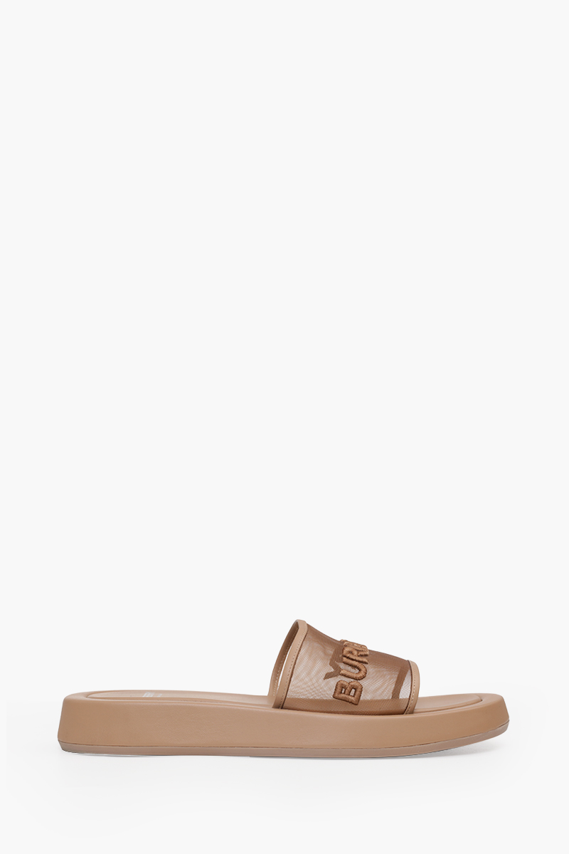BURBERRY Women Embroidered Logo Buckingham Slides in Camel Mesh x Leather 0