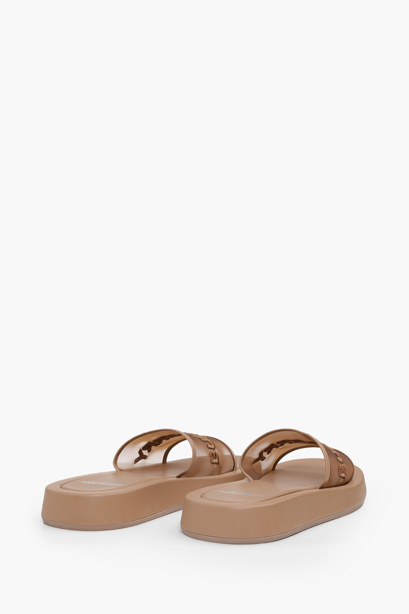 BURBERRY Women Embroidered Logo Buckingham Slides in Camel Mesh x Leather 1