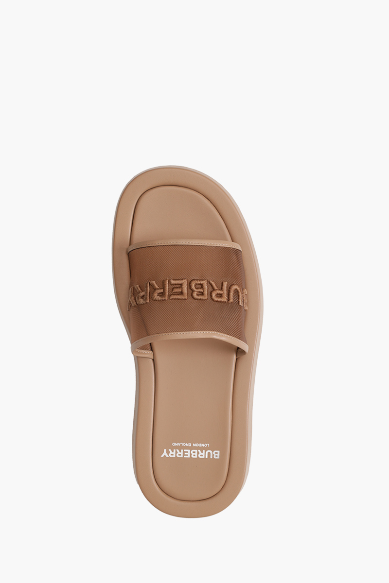 BURBERRY Women Embroidered Logo Buckingham Slides in Camel Mesh x Leather 3