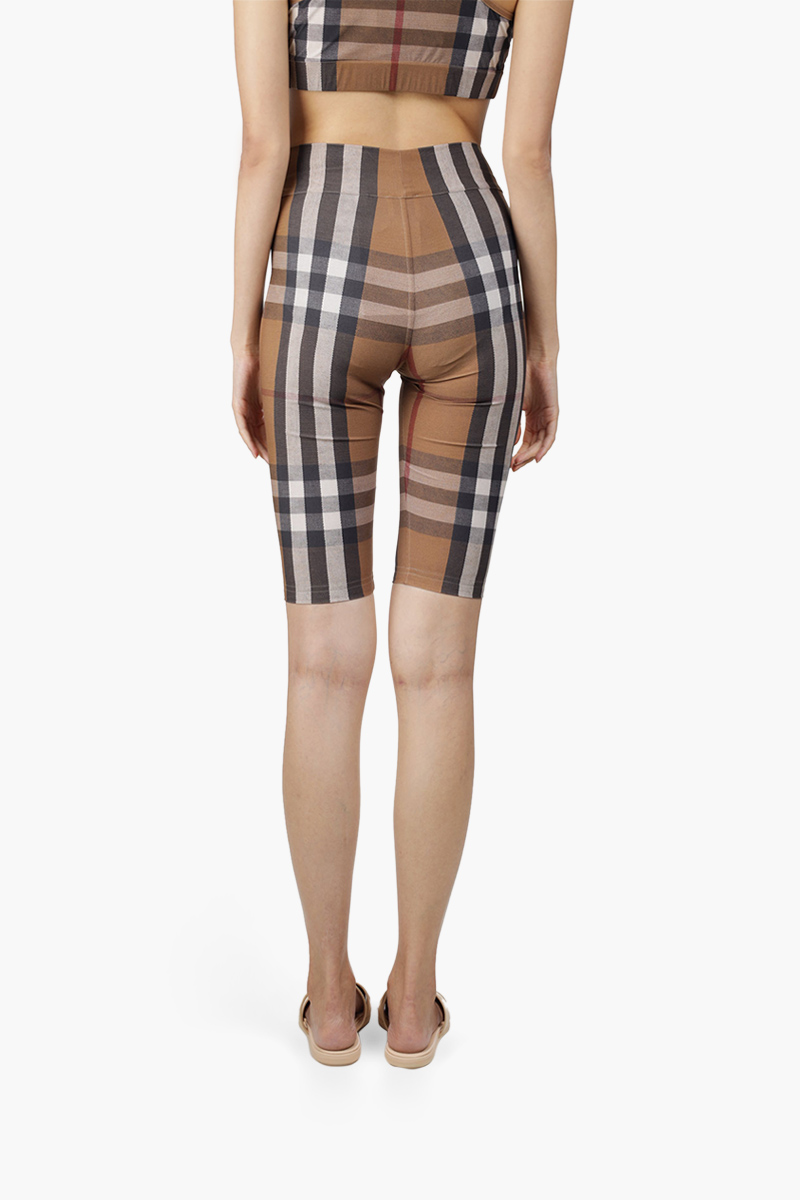 BURBERRY Women Check Print Stretch Jersey Cycling Shorts in Birch Brown 1