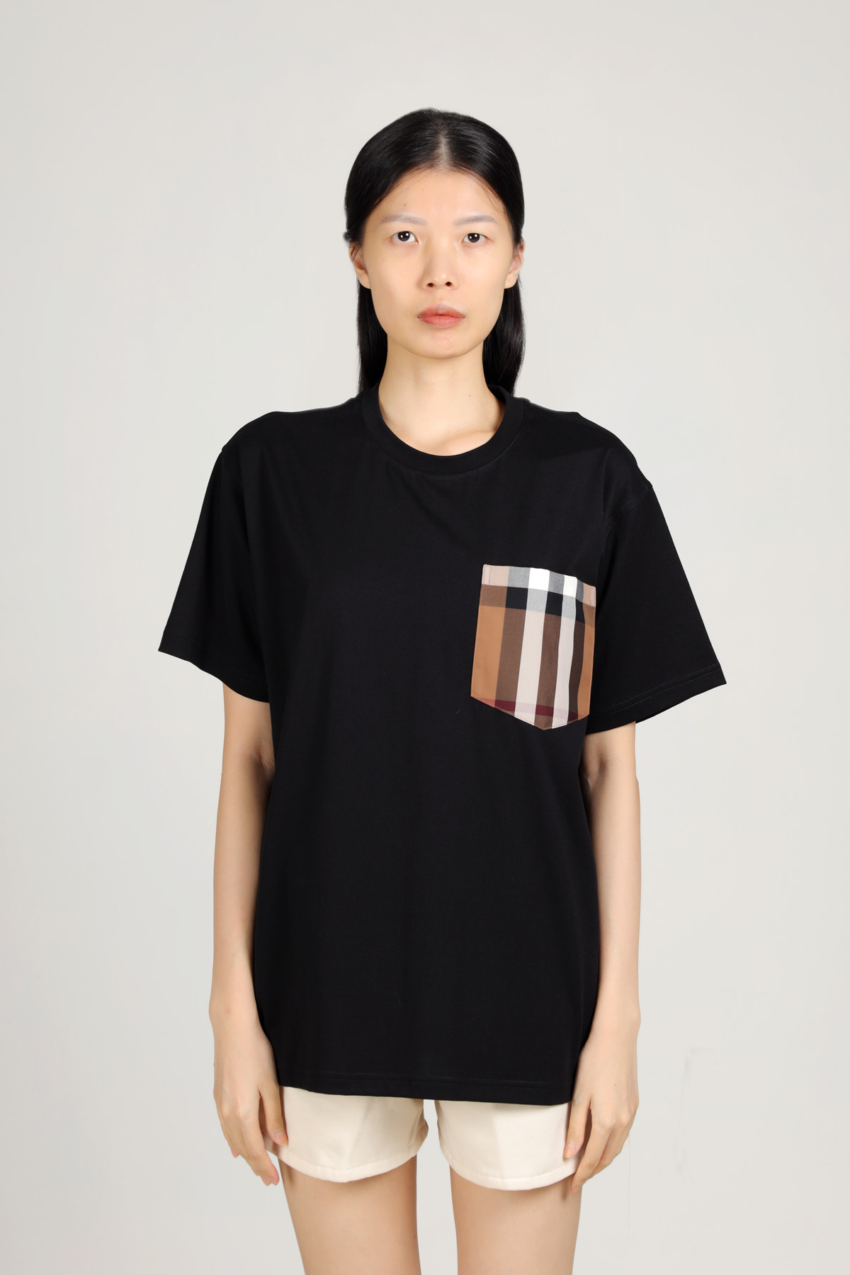 BURBERRY Women Check Pocket Cotton Oversized T-Shirt in Black 1