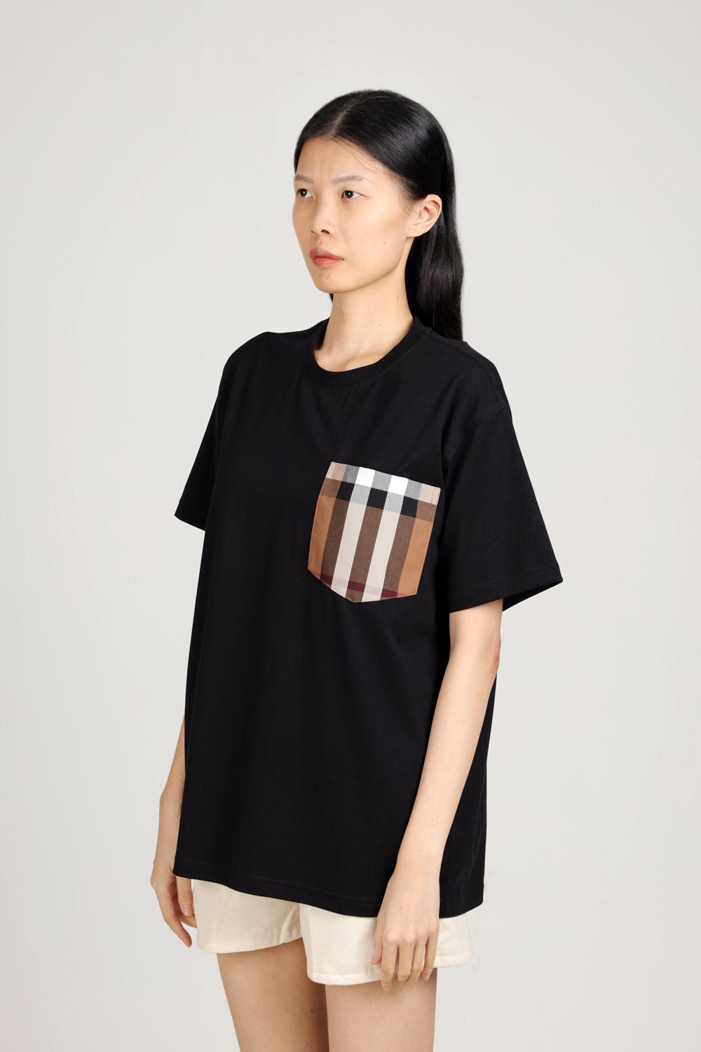 BURBERRY Women Check Pocket Cotton Oversized T-Shirt in Black 3