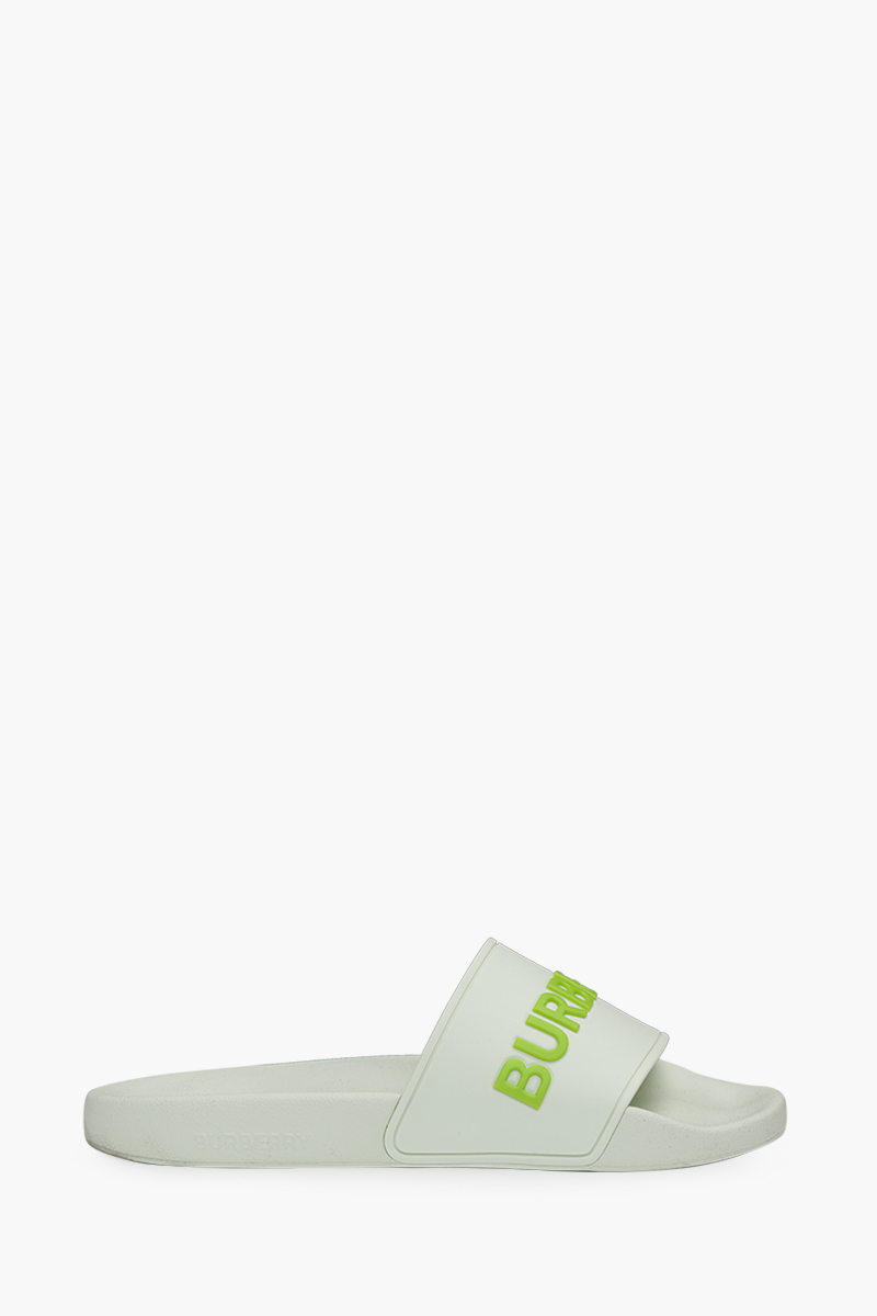 BURBERRY Women Embossed Logo Slides in White/Pistachio 0