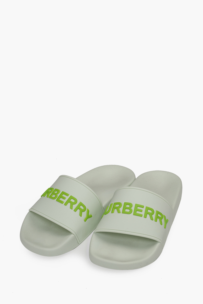 BURBERRY Women Embossed Logo Slides in White/Pistachio 1