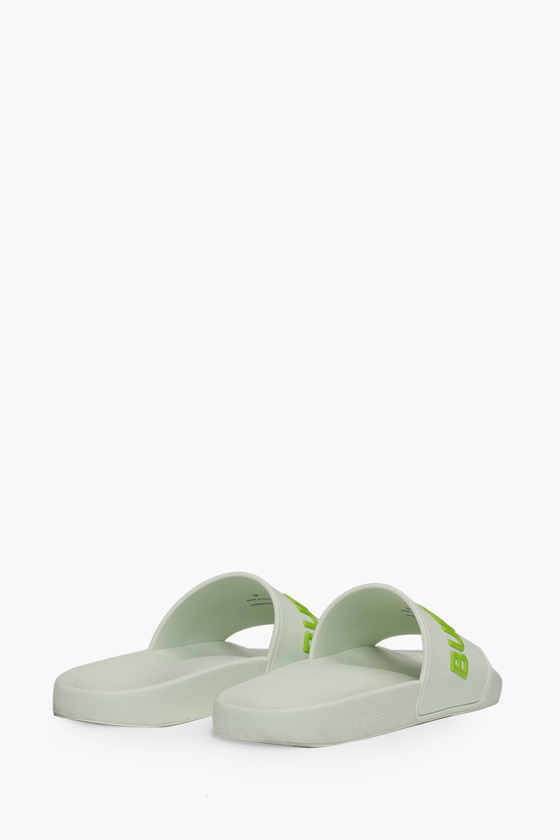 BURBERRY Women Embossed Logo Slides in White/Pistachio 2