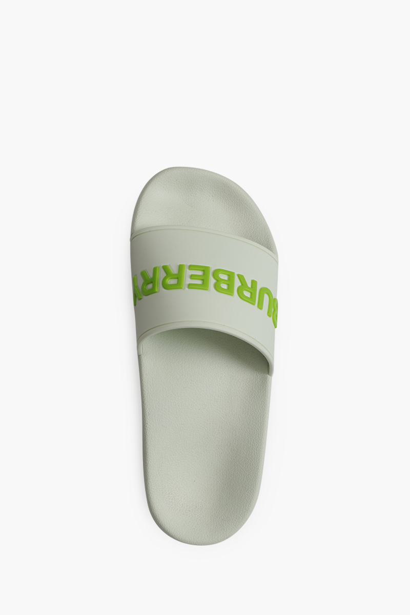 BURBERRY Women Embossed Logo Slides in White/Pistachio 3