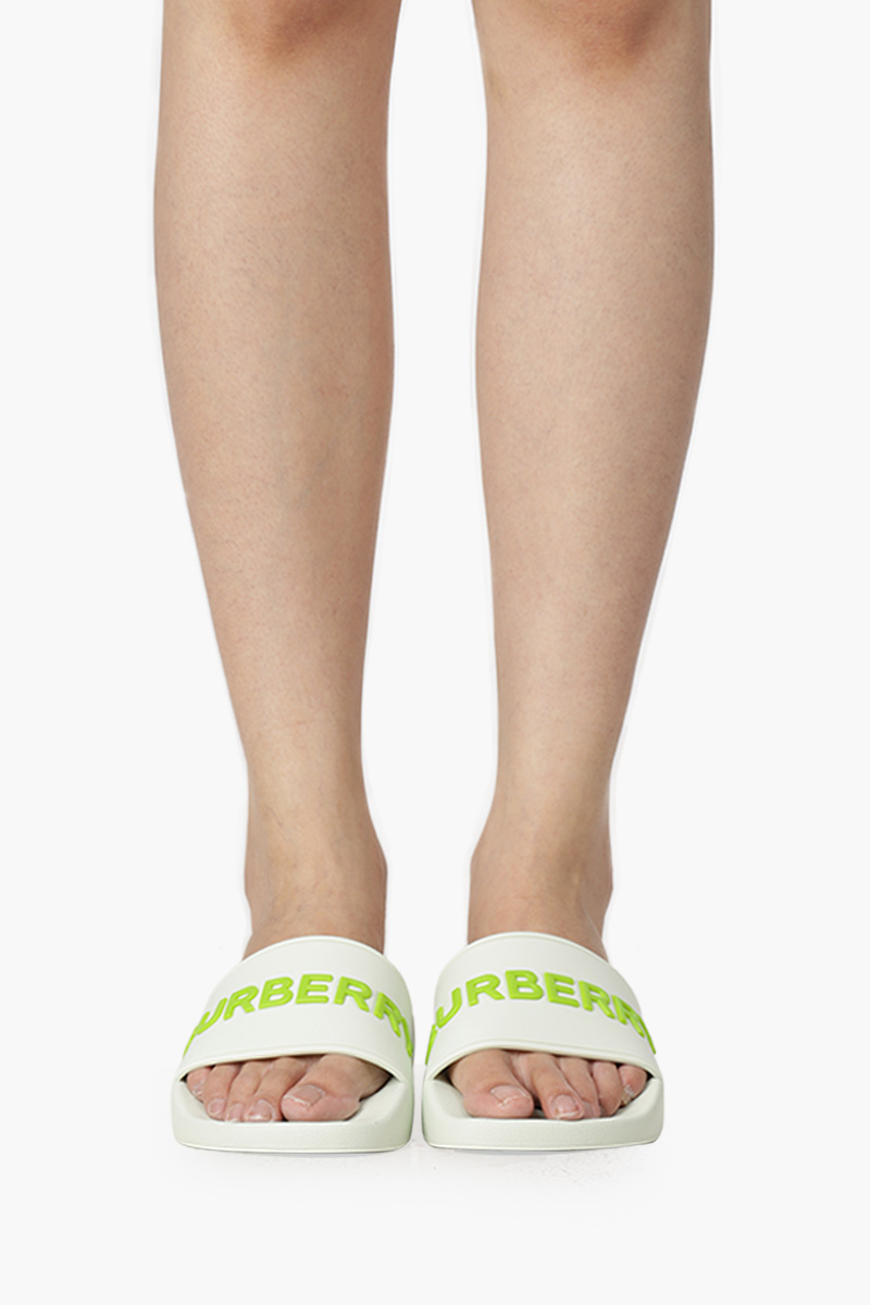 BURBERRY Women Embossed Logo Slides in White/Pistachio 4