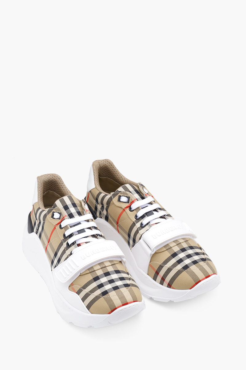 BURBERRY Men Vintage Check Cotton Velcro Sneaker in Archive Beige Multicolor Suede x Leather 1