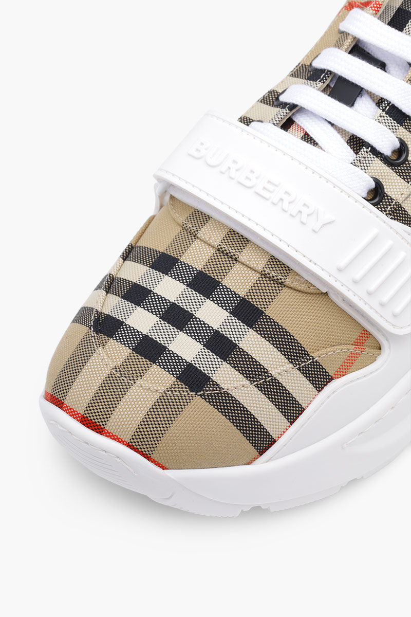 BURBERRY Men Vintage Check Cotton Velcro Sneaker in Archive Beige Multicolor Suede x Leather 4