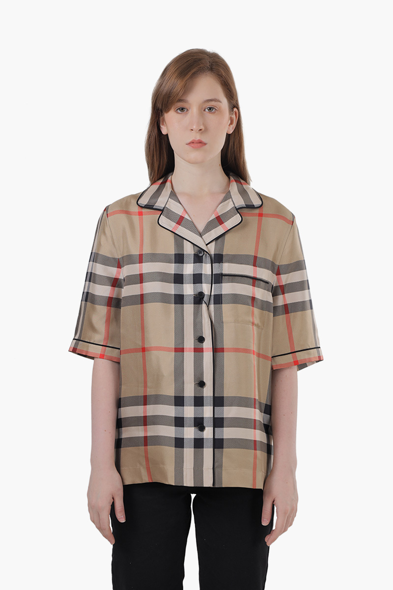 BURBERRY Women Tierney Vintage Check Silk Pajama Shirt in Archive Beige 0