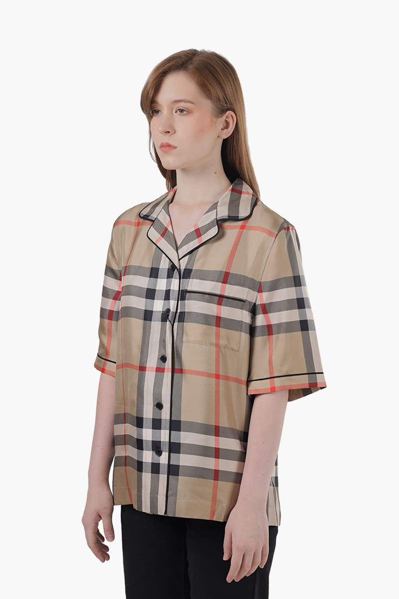 BURBERRY Women Tierney Vintage Check Silk Pajama Shirt in Archive Beige 2