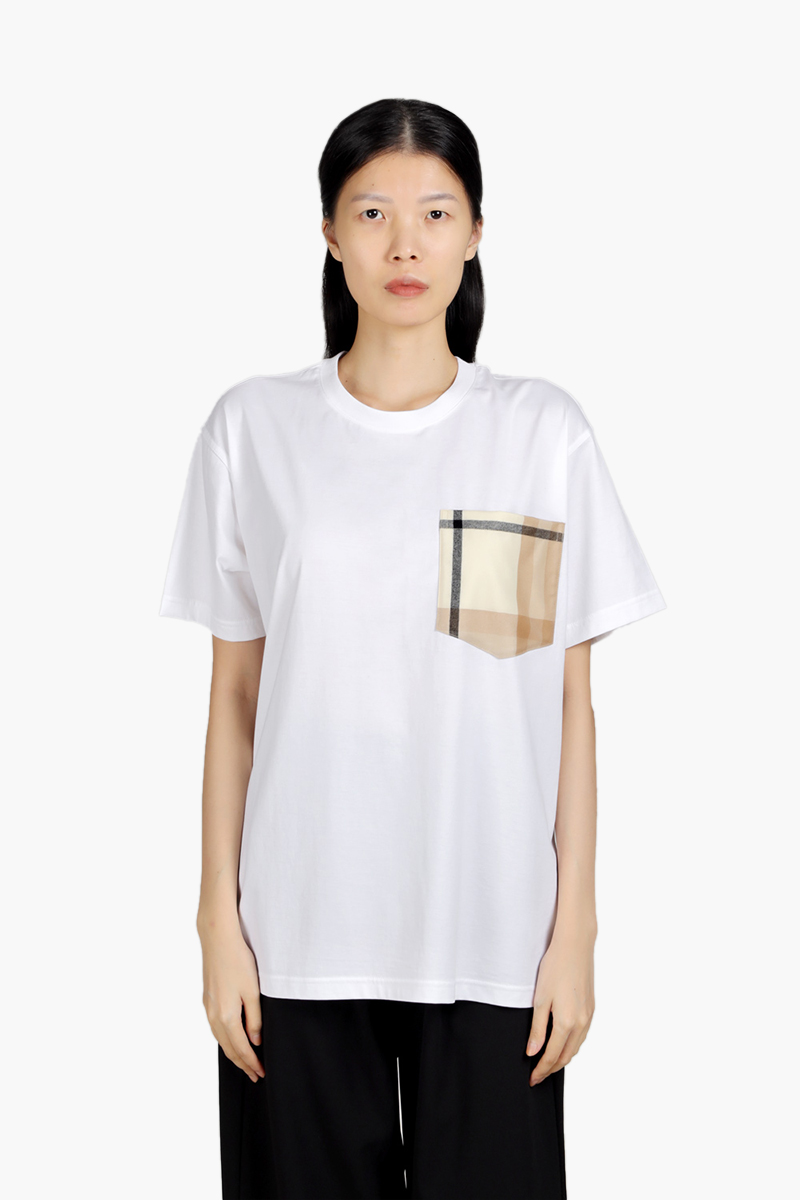 BURBERRY Women Check Pocket Cotton Oversized T-Shirt in White 0