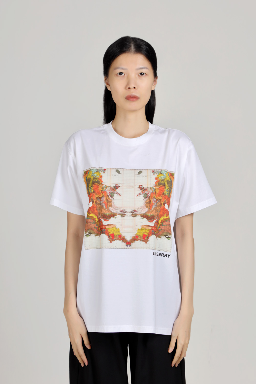 BURBERRY Women Map Print Cotton Oversized T-Shirt in White 1