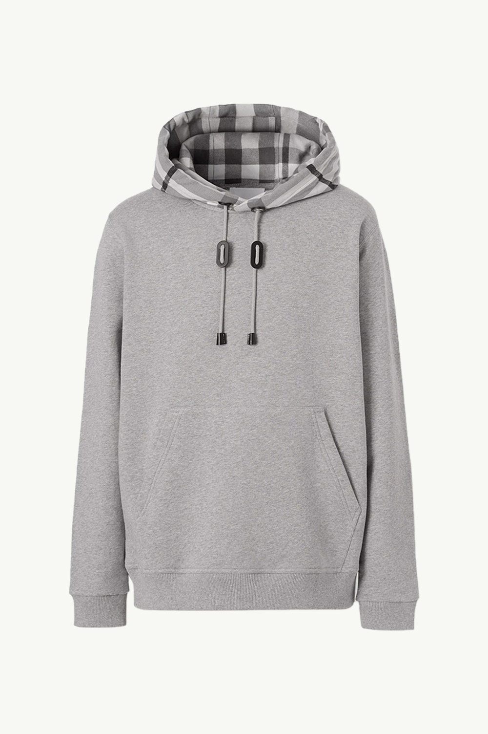 BURBERRY Men Check Hood Cotton Sweatshirt in Pale Grey Melange with Hoodie 0