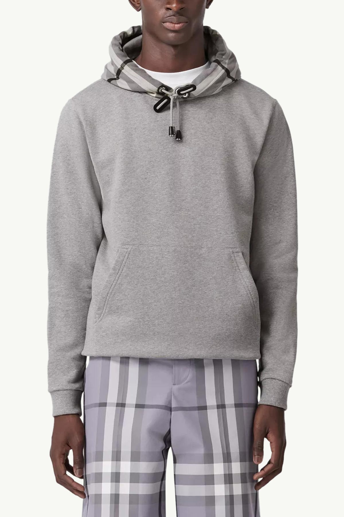 BURBERRY Men Check Hood Cotton Sweatshirt in Pale Grey Melange with Hoodie 1