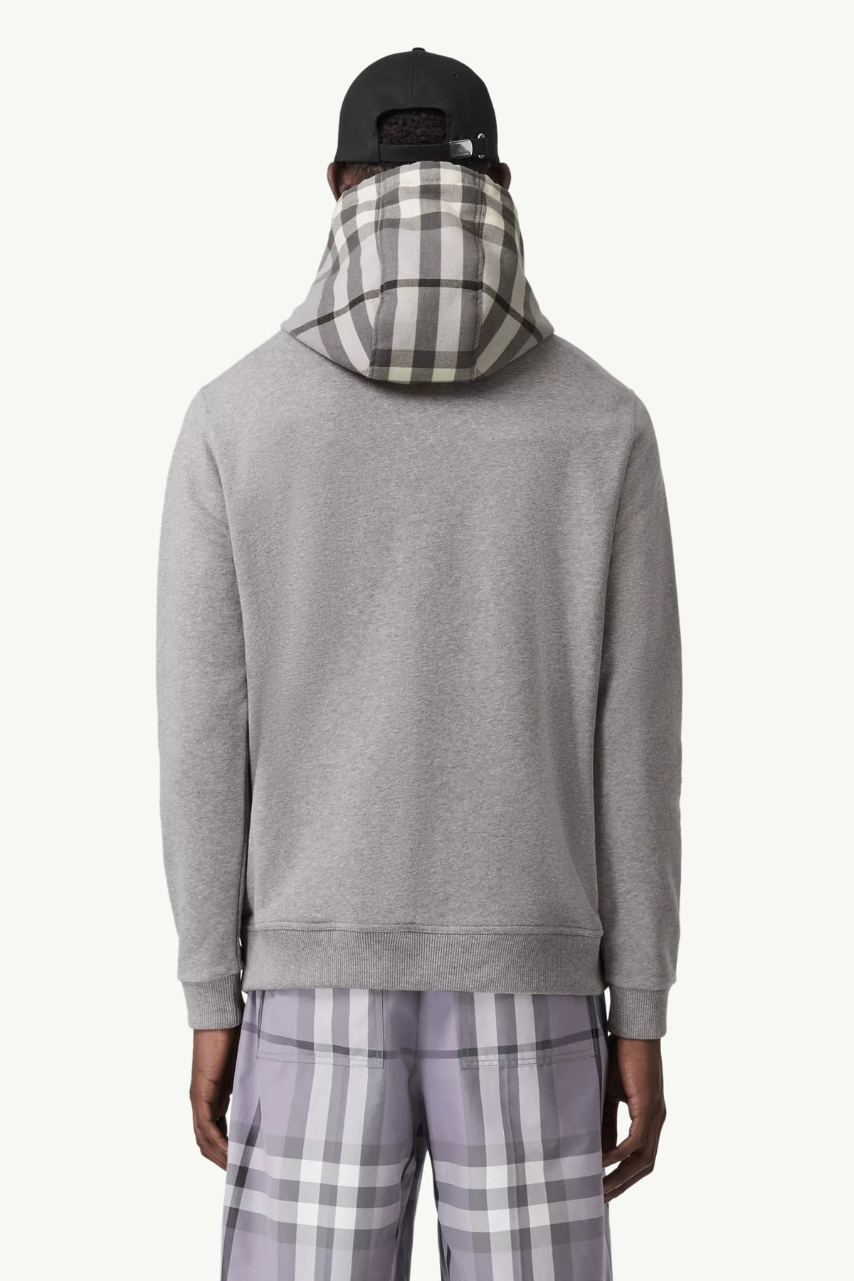 BURBERRY Men Check Hood Cotton Sweatshirt in Pale Grey Melange with Hoodie 2