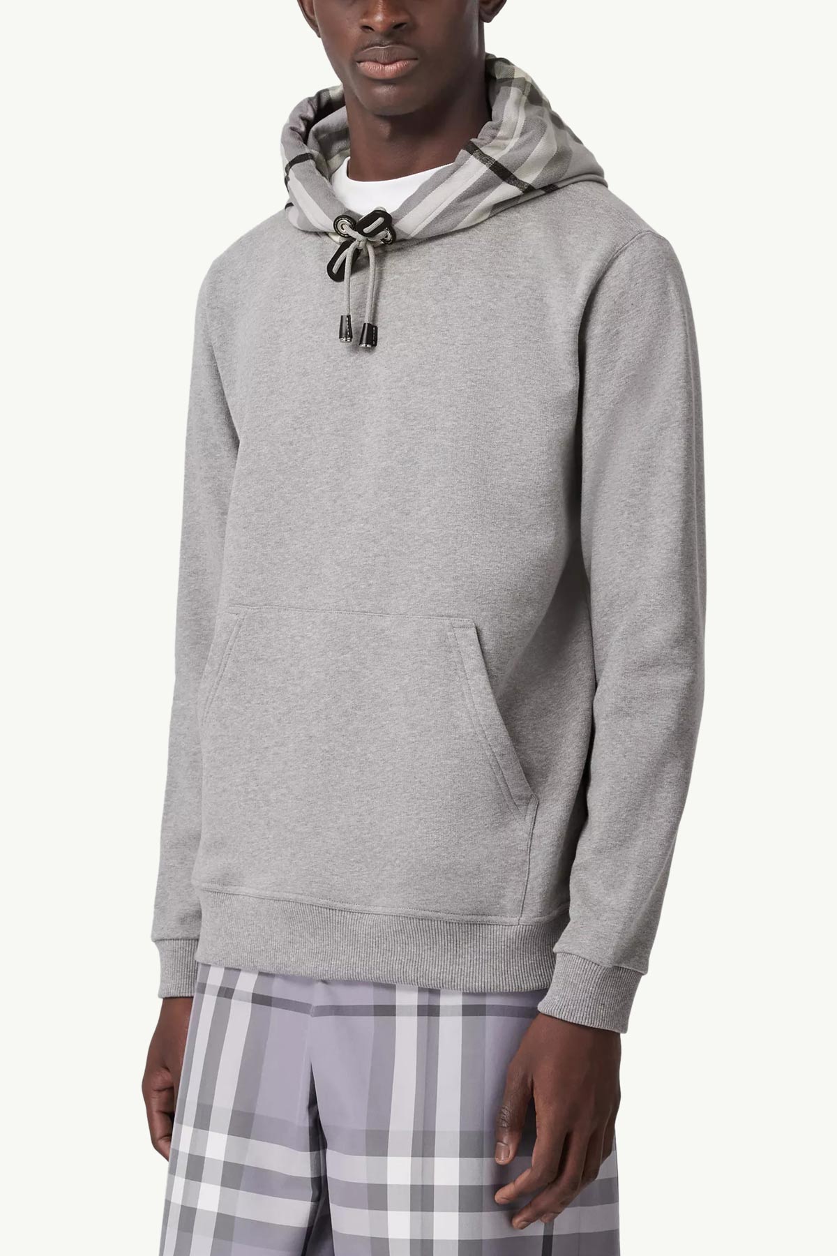 BURBERRY Men Check Hood Cotton Sweatshirt in Pale Grey Melange with Hoodie 3