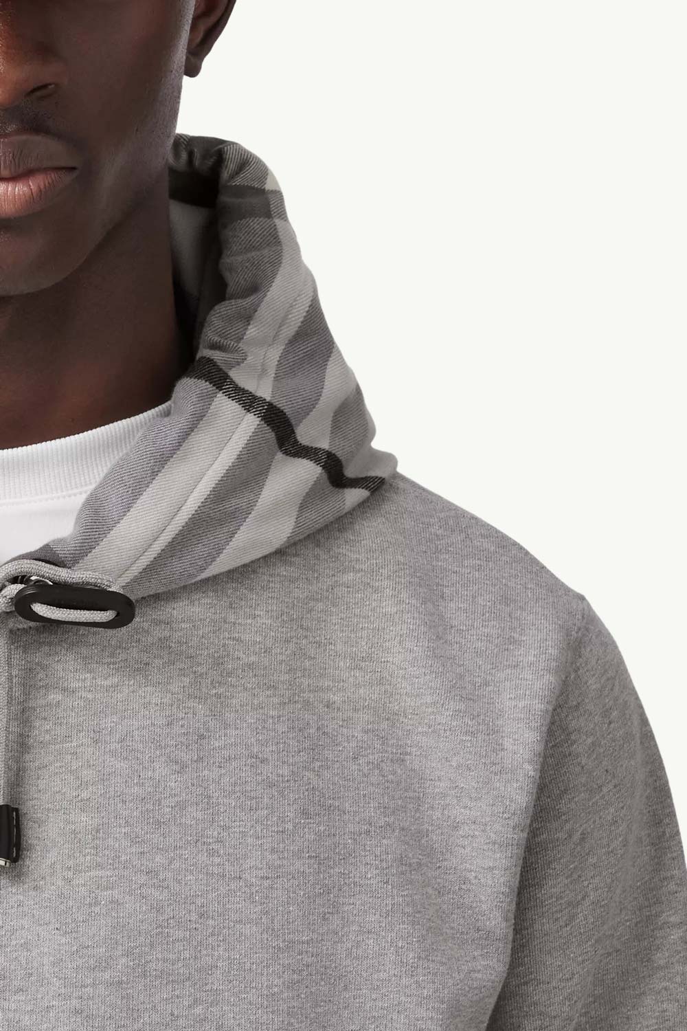 BURBERRY Men Check Hood Cotton Sweatshirt in Pale Grey Melange with Hoodie 4