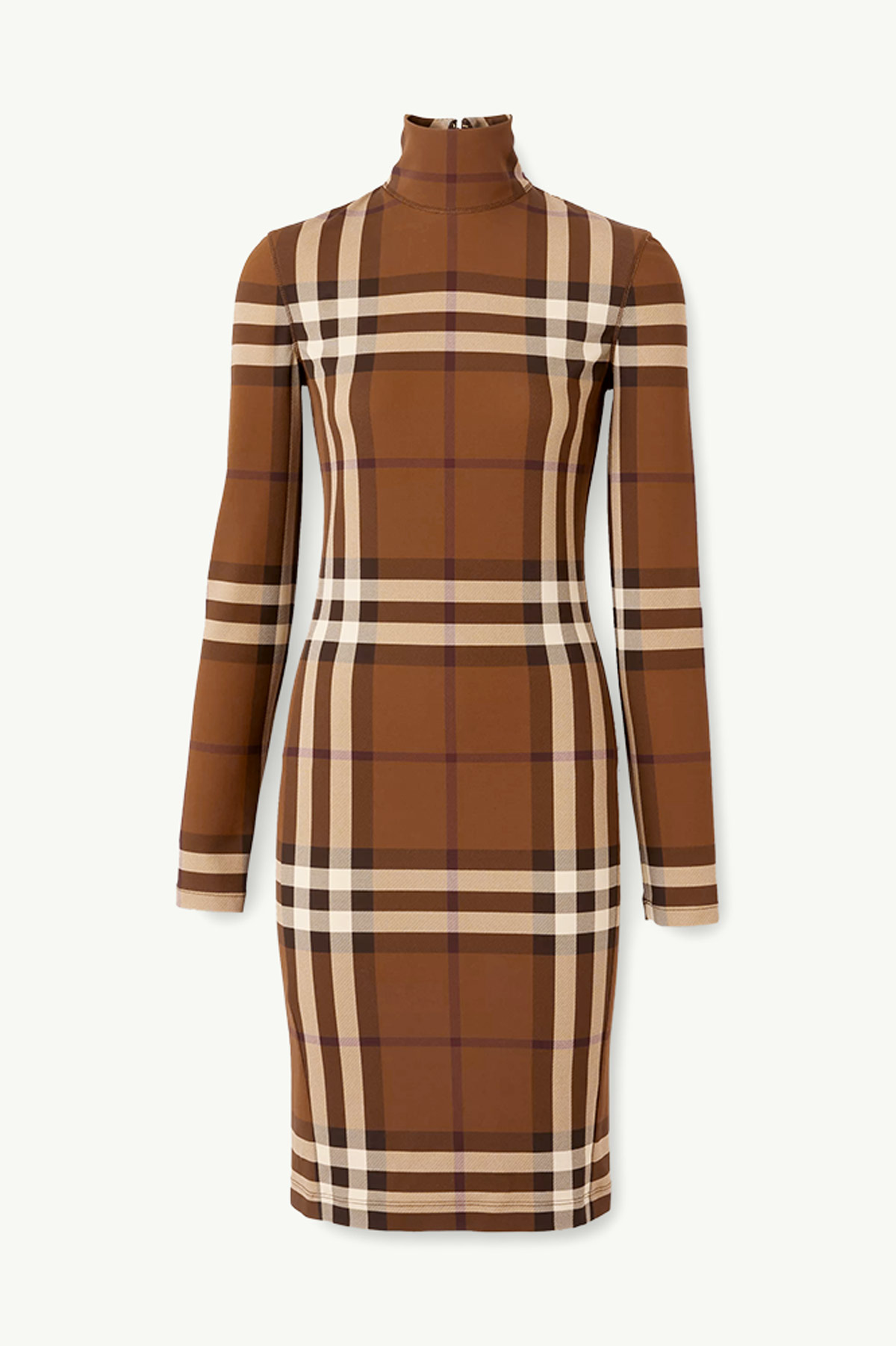 BURBERRY Women Check Stretch Jersey Funnel Neck Dress in Dark Birch Brown 0