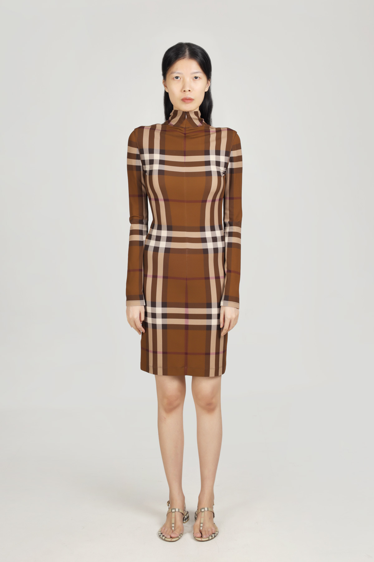 BURBERRY Women Check Stretch Jersey Funnel Neck Dress in Dark Birch Brown 1