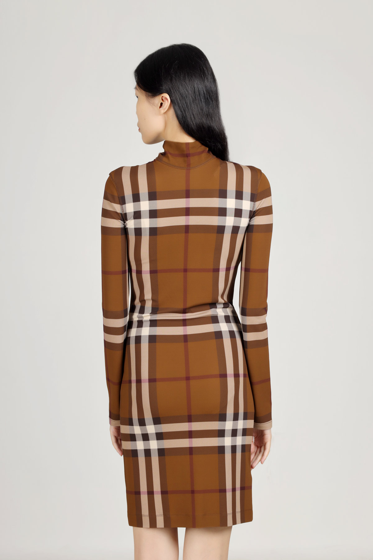 BURBERRY Women Check Stretch Jersey Funnel Neck Dress in Dark Birch Brown 2