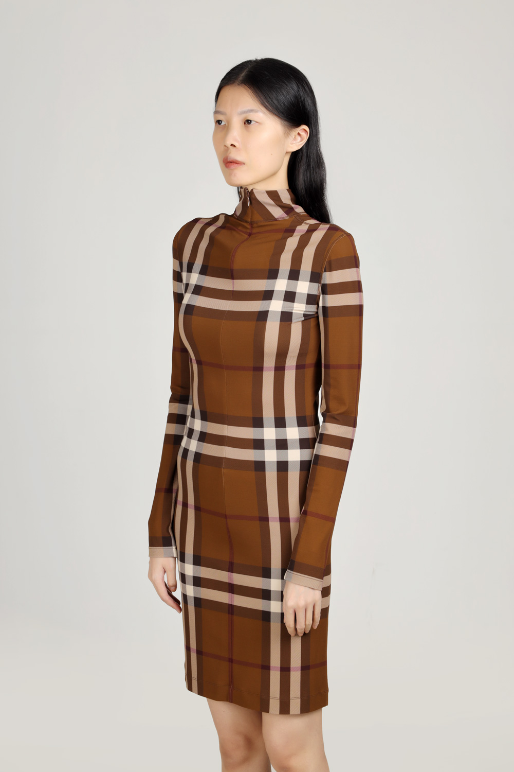 BURBERRY Women Check Stretch Jersey Funnel Neck Dress in Dark Birch Brown 3