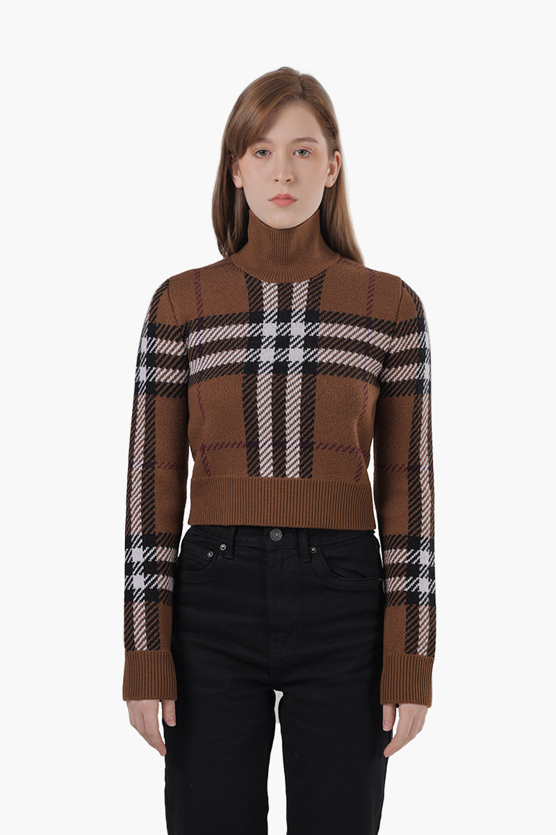 BURBERRY Women Kerry Check Turtleneck Cropped Sweater in Dark Birch Brown 0