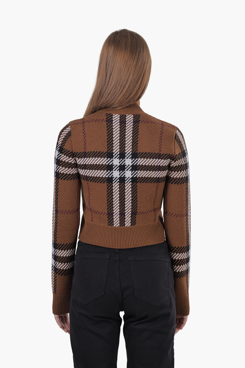 BURBERRY Women Kerry Check Turtleneck Cropped Sweater in Dark Birch Brown 1