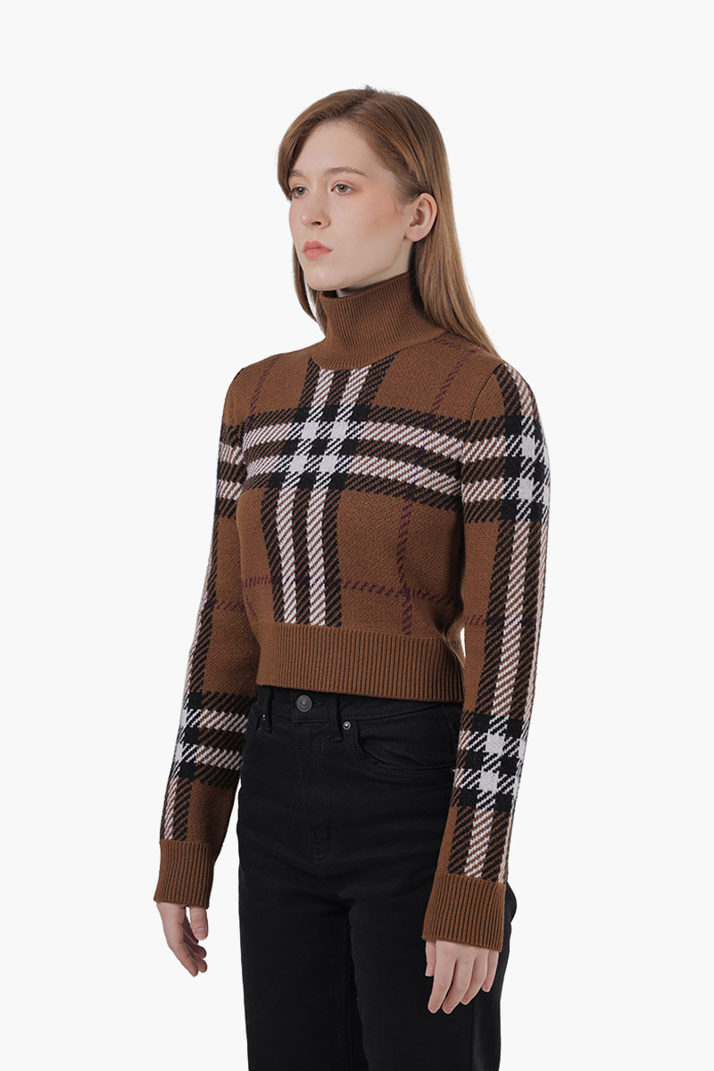 BURBERRY Women Kerry Check Turtleneck Cropped Sweater in Dark Birch Brown 2